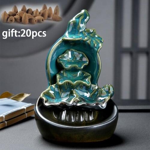 Green Glaze Ceramic Gourd Lotus Waterfall Incense Burner Stick Holder Censer Aroma Smoke Backflow Furnace Fountain Home Decor