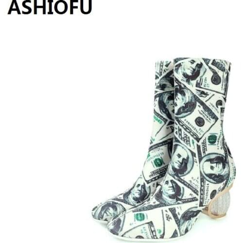 ASHIOFU New 2020 Ladies Retro Ankle Boots Sexy Party Prom Crystal Heel Short Boots Stretch Leather Fashion Evening Boots Shoes