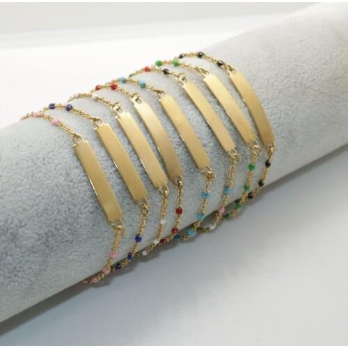 304 Stainless Steel Bracelets Gold Color Enamel Rectangle Blank Stamping Tags Bracelet For Women Gift 18cm(7 1/8") long, 1 Piece