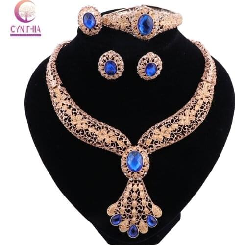 Women Crystal Gold Color Wedding Accessories Hollow Flower Necklace Wedding African Bead Jewelry Costume Design