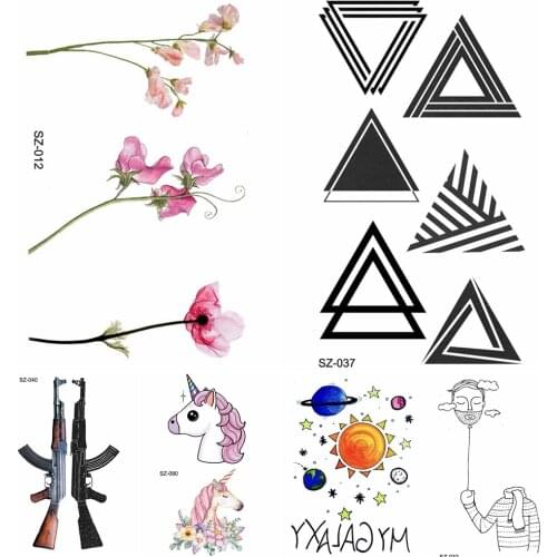 Watercolor Triangle Totem Temporary Tattoo Stickers Women Flower Cute Kids Flash Tatoos Small Star Waterproof Tattoo Men Gun DIY
