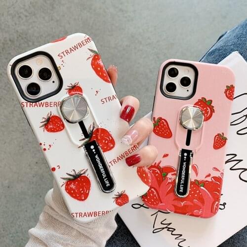 Car Bracket Magnetic Adsorption Strawberry Sweet Fruit Case for iPhone 12 Mini 11 Pro XS Max X Hide Loop Ring Holder Stand Cover