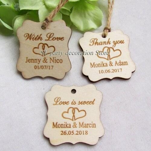 50pcs Personalized Engraved "Thank You/With Love/Love is Sweet" Wedding Tags Wooden Hang Tags Wedding Bridal Shower Favors Tags