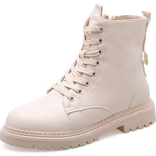 Ankle Boots Fashion Zipper Flat Shoes Woman High Heel Platform PU Leather Boots Lace up Women Beige Black Shoes Girls Size 35-40