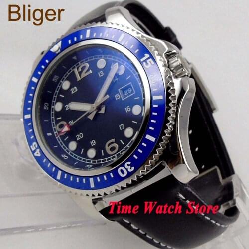 Bliger 44mm Japan Miyota8215 sterile date display leather strap blue dial luminous ceramic bezel automatic wristwatch for men
