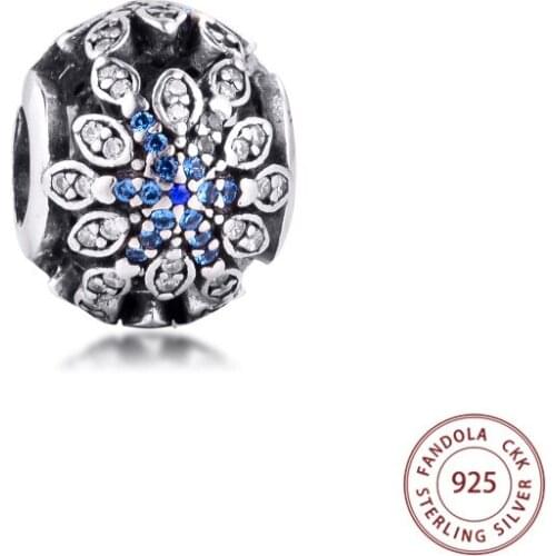 CKK 925 Sterling Silver Blue CZ Crystalized Snowflakes Charms Beads Fits Pandora Bracelets DIY Jewelry Making Wholesale