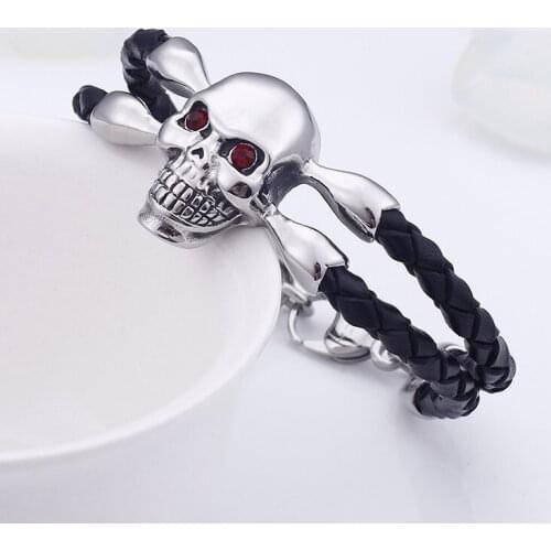 Retro Double Layer Braided Leather Bracelets Men 22cm Punk Stainless Steel Red Eyes Skull Charm Bracelet Biker Jewelry For Man