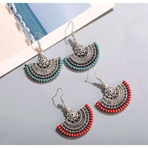 Ethnic Womens Geometry Jhumka Earrings Vintage Classic Silver Color Green Red Line Boho Earrings Turkey Jewelry