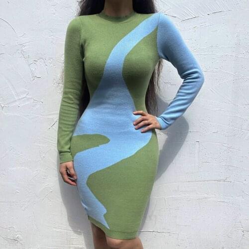 Forefair Knitted Patchwork O Neck Y2k Long Sleeve Bodycon Midi Dress 2021 Autumn Winter Fashion Party Elegant Laides Clothing