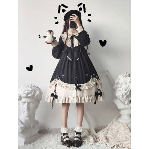 Gothic vintage sweet lolita dress lace bowknot embroidery stand high waist victorian dress kawaii girl gothic lolita op loli cos