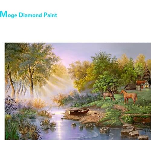 Country Field Lakeside Horse Diamond Painting Scenic Round Full Drill Nouveaute DIY Mosaic Embroidery 5D Cross Stitch Home Decor