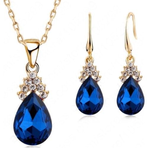 Women Yellow Gold Color Blue Austrian Crystal Jewelry Sets Necklace + Earrings Jewelry for Women Wedding Free shipping