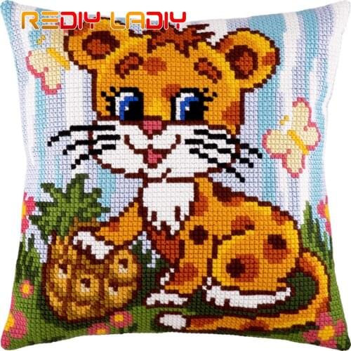 Cross Stitch Cushion Kits Little Leo Pillow Case Pre-Printed Canvas Acrylic Chunky Yarn Arts & Crafts Cross-stitch Needlepoint