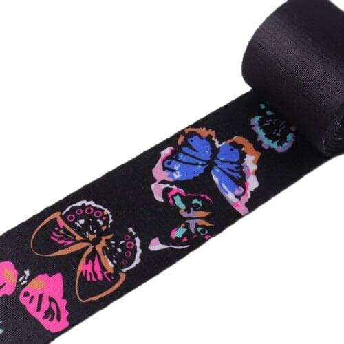 Webbing-2"(50mm)-Black Soft Webbing with Butterfly Pattern Purse Bag Handbag Dog Collar Hat Bag Belt Woven By the yard