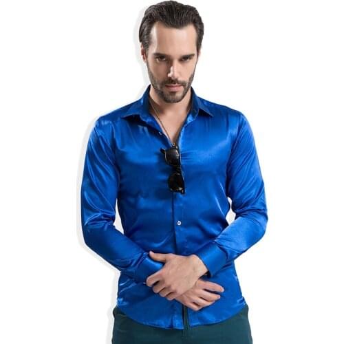 Male Shirt Fashion Silky Satin Silk Shirt Luxury Mens Long Sleeve Party Wedding Shirt Slim Artificial Silk Dressing Shirts