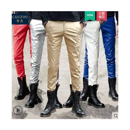 Spring autumn personality fashion Plus velvet motorcycle faux leather pants mens feet pants pu trousers for men pantalon homme