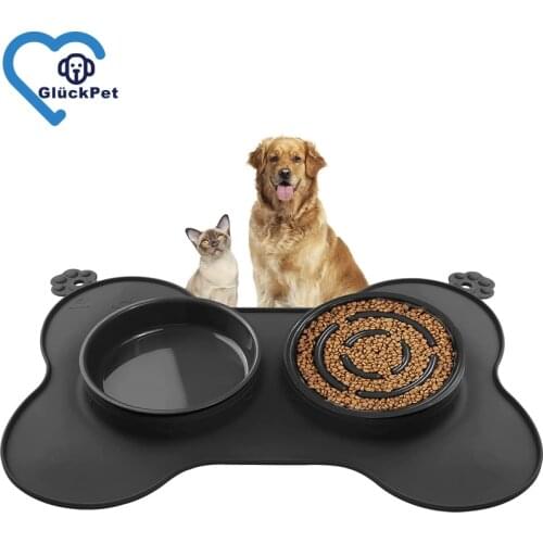 Slow Feeder Dog Bowls Set, Bloat Stop Pet Dog Food Bowl and Non-Toxic Water Bowl with No-Spill No-Skid Silicone Eating Lick Mat
