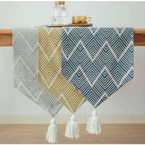 DUNXDECO Table Runner Party Long Table Cover Fabric Modern Simple Geometric Wave Jacquard Tassel Home Warm Decorating Textile