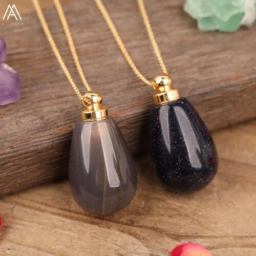Natural Grey Agates Goldstones Perfume Bottle Water Drop Pendnat Necklace For Women Gold Essential Oil Drop Jewelry Dropship