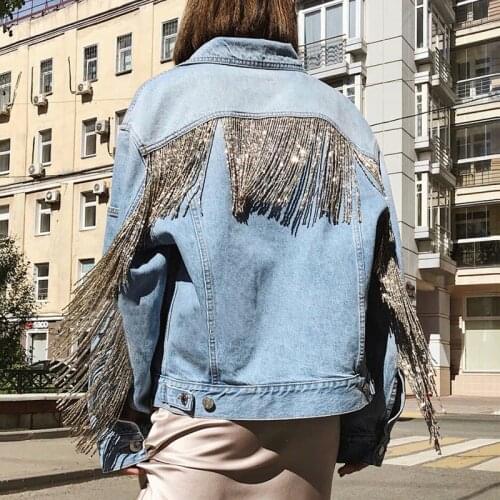 New Luxury Handmade Beaded Women Jeans jackeks fashion Heavy Industry Chain Fringed Hole Large size Denim Jacket female