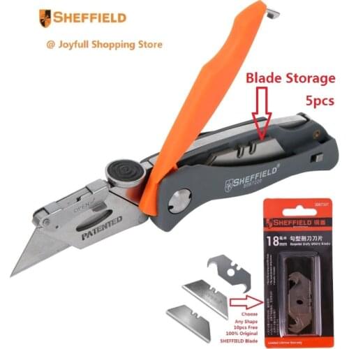 Best Patented Design SHEFFIELD Utility Folding Blade Knife Double Color Plastic Handle with 5pcs Blades Storage and Belt Clip