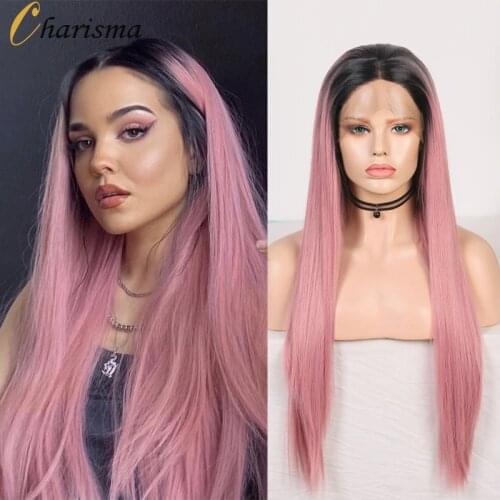 Charisma Ombre Pink Wig Middle Part Synthetic Lace Front Wig Glueless Cosplay Wigs with Black Roots Synthetic Wigs for Women