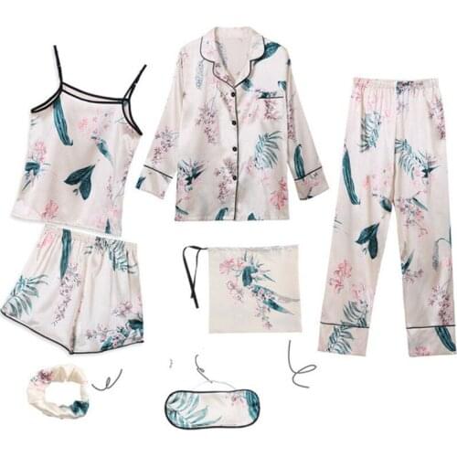 Sexy Pajamas Set Women Rayon Stitch Print Pyjama 7Piece/Suit Long Shirt Pant Shorts Homewear 2020 Fashion Clothes