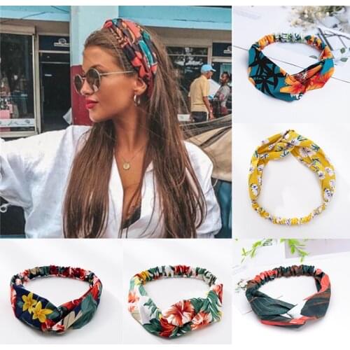 2021 NEW Women Headband Print Floral Cross Elastic Hair Bands Top Knot Hair Rope Square Satin Scarf Hair Tie Band Accessories