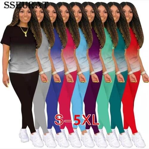 SSEURAT Sport Gradient Women Two Piece Set Long Sleeve Tee Tops Skinny Sweatpants Jogger Suit Tracksuit Matching Set Outfits