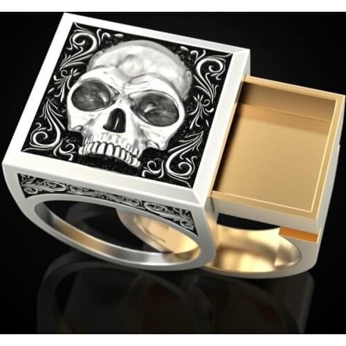 Unique Two Tone Skull Ring Secret Compartment Memorial Souvenir Cinerary Casket Coffin Anniversary Ring Hip Hop Jewelry