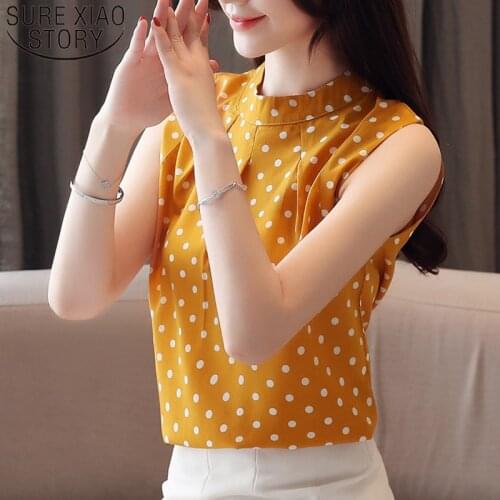 2021 Summer New Fashion Elegant Polka Dot Slim Fit Blouse Women Korean Style Stand Collar Sleeveless Chiffon Shirt Women 8985 50