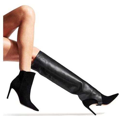 Fall New Women Gold Black 2 Ways Removable Plus Size Pointed Toe Button Zip Stiletto Heel Short Ankle Knee High Slim Long Boots