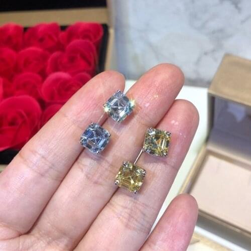 Hot Pure 925 Sterling Silver Candy Square Zircon Stud Earring AAA Yellow Zircon Beads Stone Cuff Earring Women Wedding Jewelry