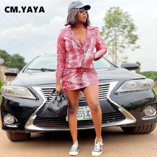 CM.YAYA Women Set Print Full Sleeve Turn-down Collar Zip Pockets Tops Straight Mini Skirts Two 2 Piece Sets Fashion Outfit Fall