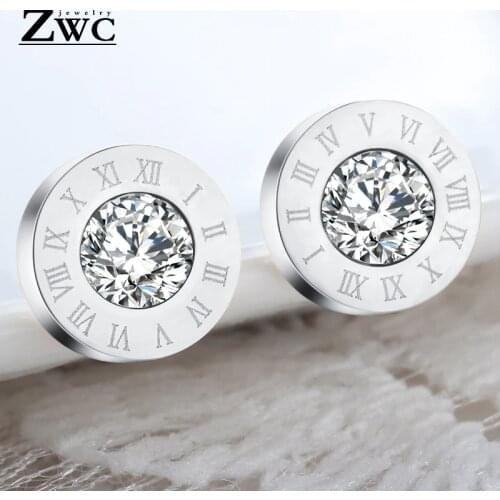 ZWC Fashion High Quality Zircon Roman Numeral Stud Earrings for Women Party Titanium Steel Rose Gold Crystal Earrings Jewelry
