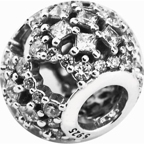 100% 925 Sterling Silver Jewelry Snow Flurry Beads for Charms Bracelets Winter Style Clear CZ Crystal Beads for Jewelry Making