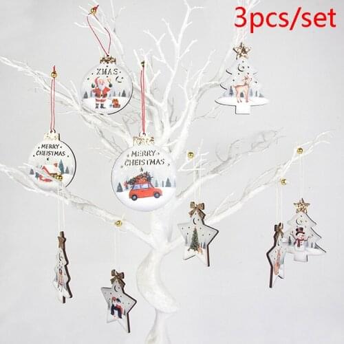 3pc Christmas Wooden Printing Small Pendants Christmas Tree Scene Decor Hangings