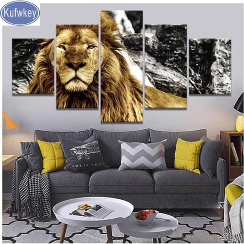 5 Panel lion diamond painting animal king cross stitch Full square round Drill 5D DIY Diamond mosaic New arrival 2019 home decor