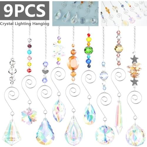 9pcs Crystal Suncatcher with Bead Chain Rainbow Maker Pendant Window Curtain Hanging Sun Catcher Ornament Garden Home Decoration