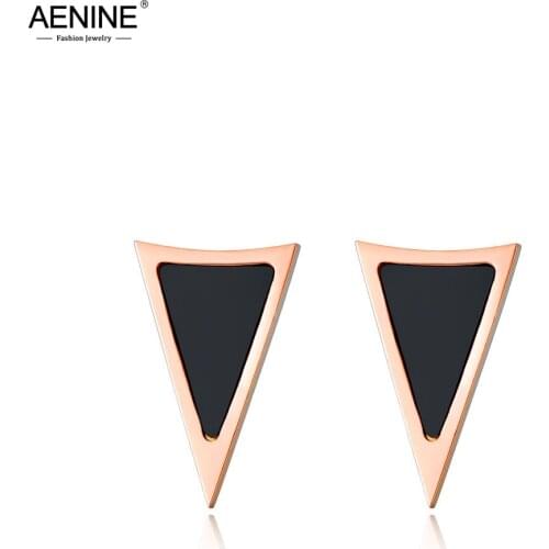 AENINE Classic Triangle Black Shell Stud Wedding Earrings For Women Stainless Steel Female Earrings Jewelry Brincos AE17052