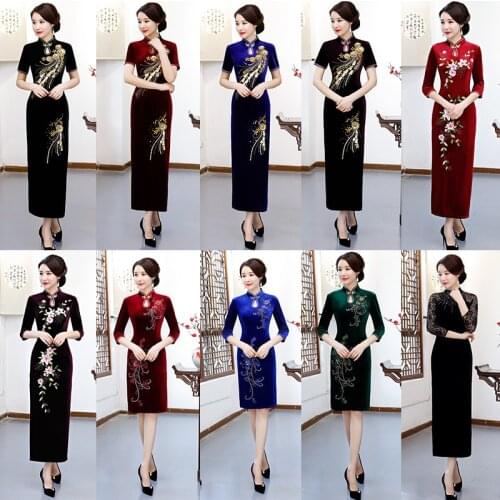 Long Velvet Cheongsam Chinese Style WomenS Autumn And Winter Daily Improvement Cheongsam Stand Collar Qipao Dress Платье