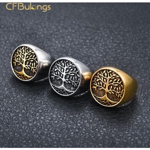 CFBulongs Stylish Ring for Men Stainless Steel Tree of Life Rings Women Gold Silver Color Wedding Ring Punk Hiphop Jewelry Gift