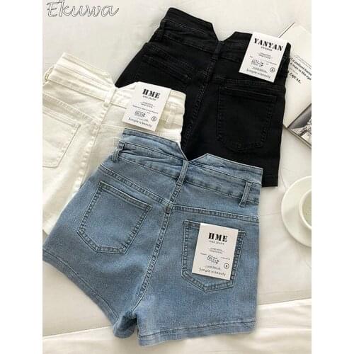 EKUWA 2021 Chic Fashion Women Short Denim Pants Sexy Wide Leg Pants Korean Back Pockets High Waist Women Denim Streetwear Jeans