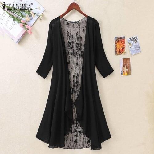 Elegant Womens Blouses Kimono Cape ZANZEA 2021 Lace Crochet Cardigans Solid Floral Tunic Asymmetrical Tops Blusas