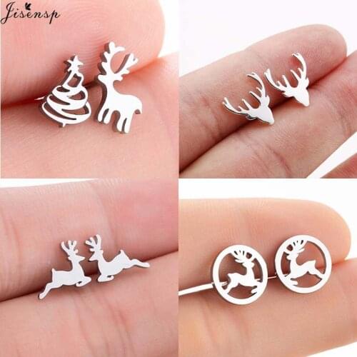 Jisensp Classic Christmas Tree Elk Stainless Steel Earrings Vintage Lovely Animal Deer Stud Earrings Fashion Jewelry for Women