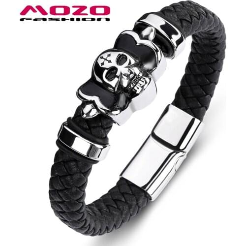 Punk Men Bracelet Black Leather Skeleton Stainless Steel Magnet Buckle Bangle Sross Skull Jewelry PS2100