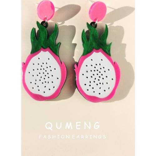 QUMENG New Korean Lovely Pitaya Acrylic Drop Earrings For Women Exaggerated Fruit Food Dangle Earrings Colorful jewelry gift