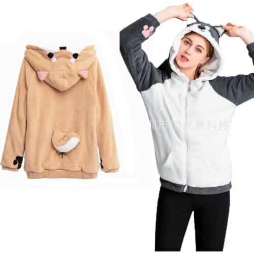 Shiba Inu Hoodie Harajuku Doge Kawaii Sweatshirts Women Hoodies With Ears Hooded Plush Coat Girl Cartoon Anime Warm Winter Hoody