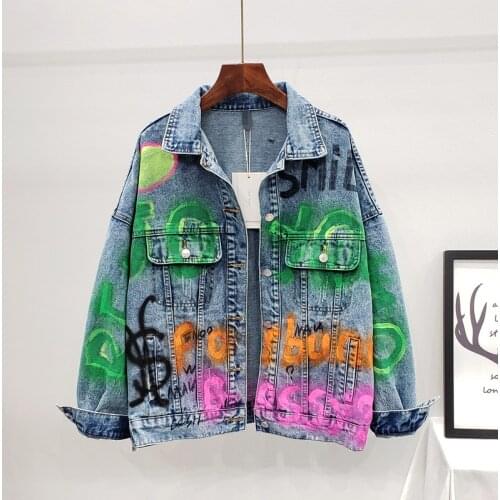 2021Women Autumn Oversized Letter Painted Print Frayed Washed Denim coat Chaqueta mujer primavera Casual Fashion Jean jacket