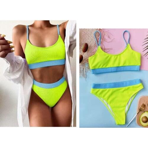 Women Sexy 2 Pieces Bikini Set Scoop Neck Push Up Padded Ribbed Micro Swimsuit High Waisted Neon Solid Color Bathing Suit